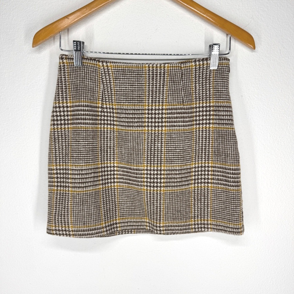 Forever 21 Brown Yellow Glen Plaid Mini Skirt Lined Size S Retro Mod‎ 70s Preppy